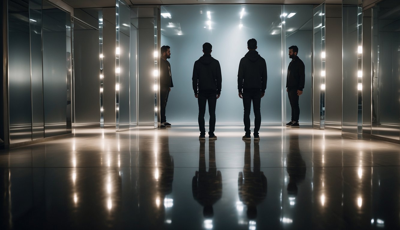 A person standing alone in a room, surrounded by mirrors reflecting their own image, with a spotlight shining on them, creating a feeling of isolation and self-reflection