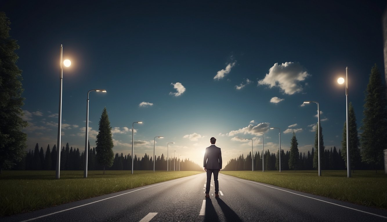 A person standing at a crossroads, with one path leading to stagnation and the other to growth. A light bulb symbolizing realization hovers above their head