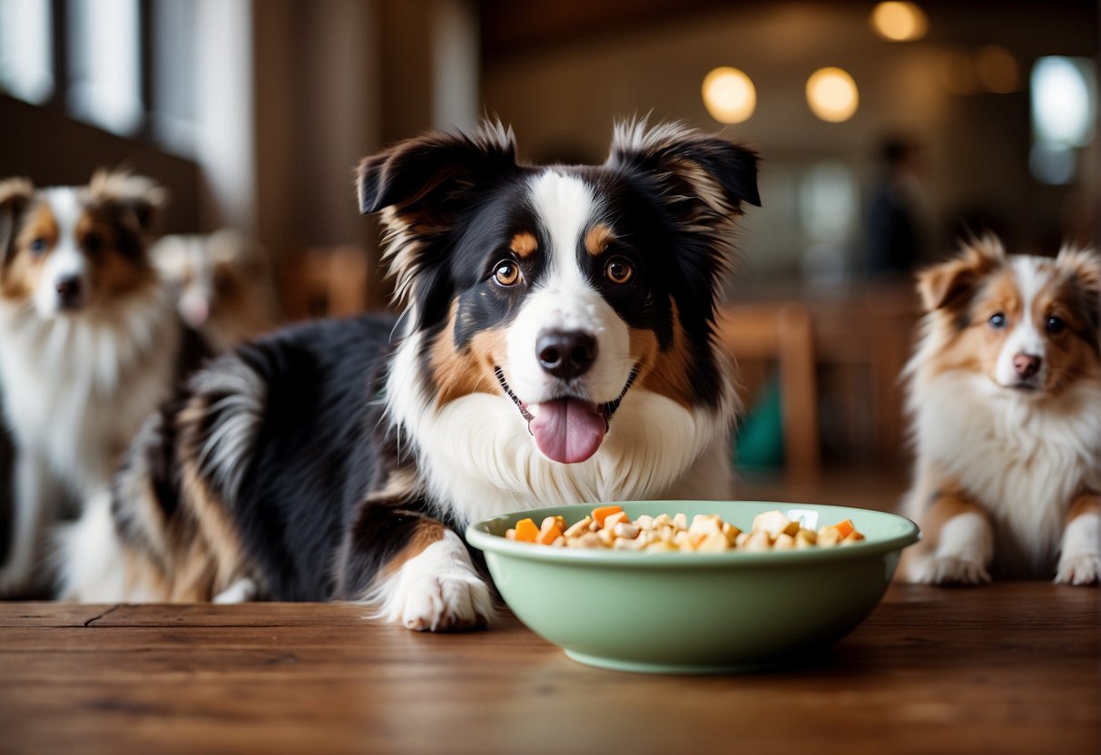 An Australian shepherd eating from a food bowl, surrounded by curious onlookers