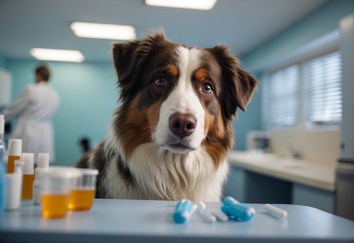Australian shepherd dog receiving antiparasitic treatment. Vet administering medication. Dog standing on examination table. Bright, clean clinic setting