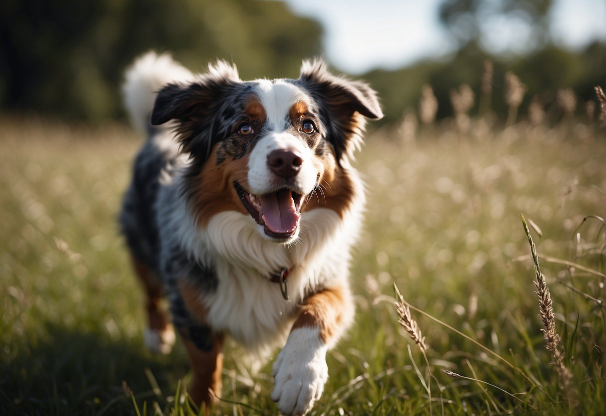 A happy Australian Shepherd playing in a grassy field, with a clear blue sky overhead
