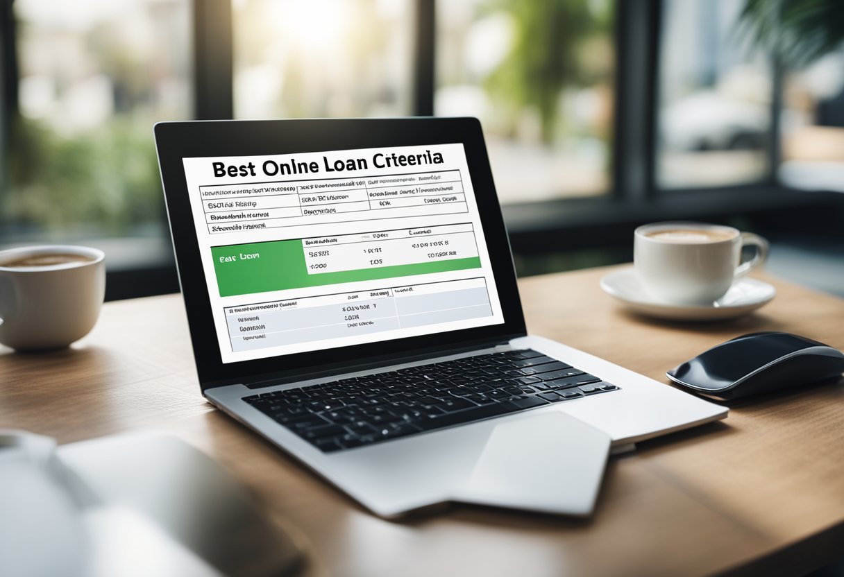 A laptop displaying "Best Online Loan Criteria" with a checklist of requirements