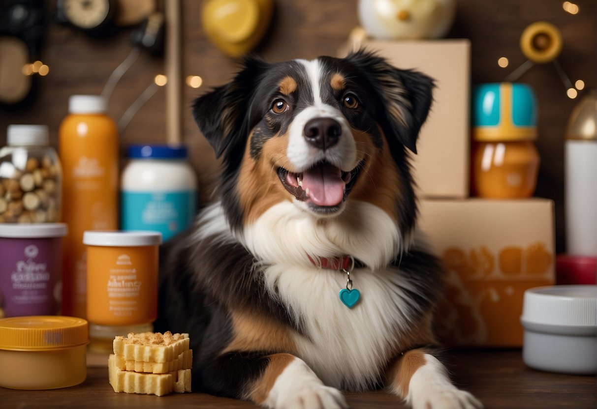 A happy Australian shepherd surrounded by various antiparasitic products, with a question mark hovering above its head