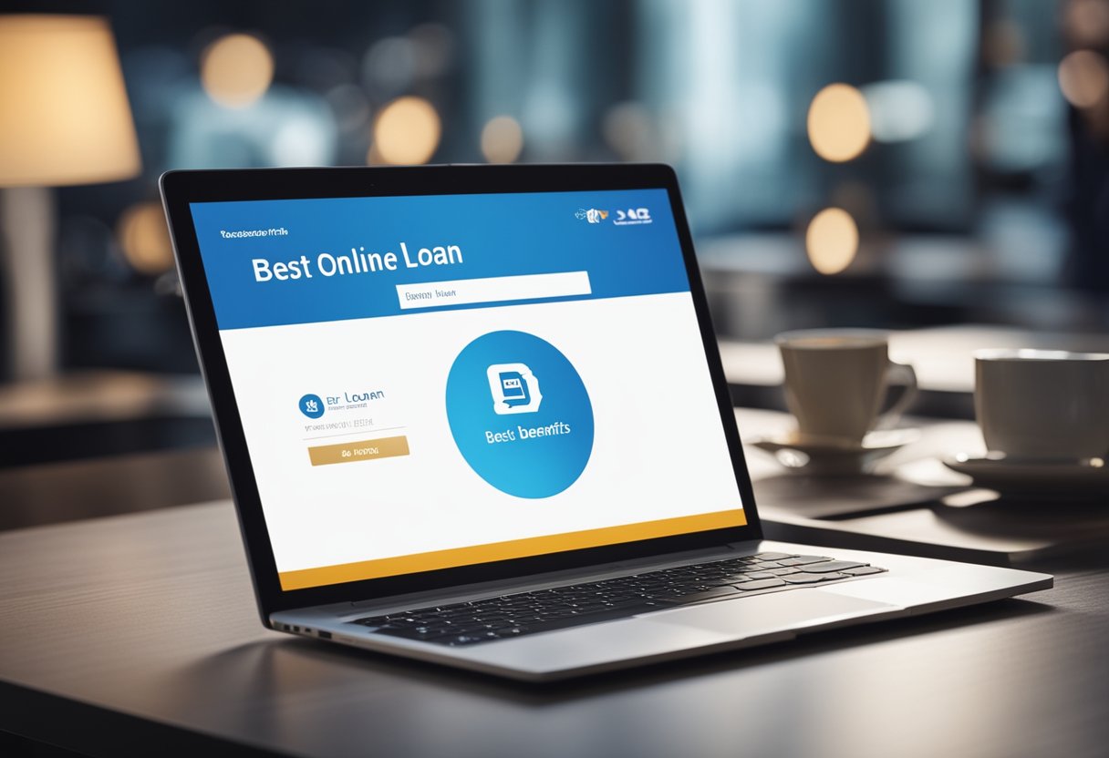 A laptop displaying "Best Online Loan Benefits" with a money transfer icon and a smiling customer review