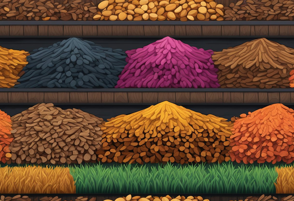 Rubber and wood mulch piles side by side, with rubber mulch in bright colors and wood mulch in natural tones