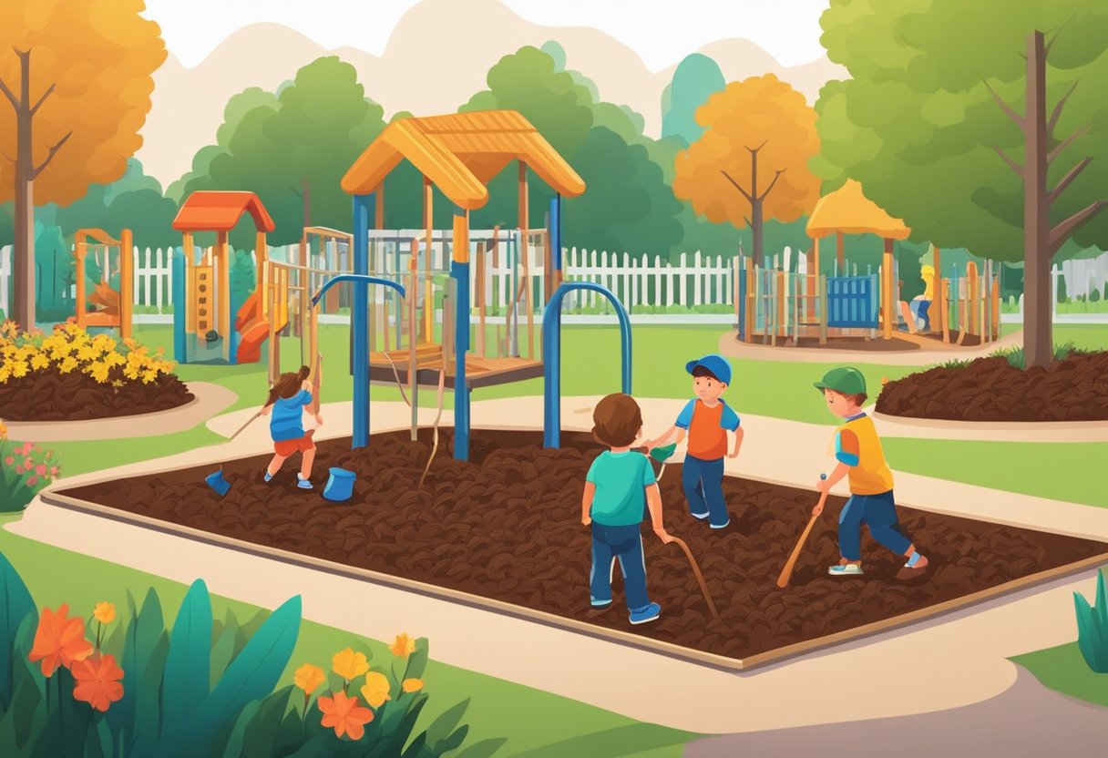 Rubber mulch and wood mulch are side by side in a playground. Children play on the rubber mulch, while gardeners spread wood mulch in a flower bed