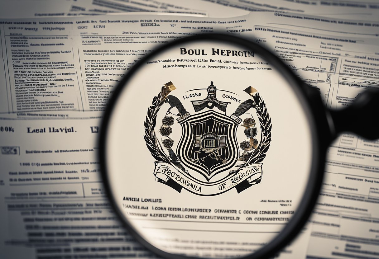 A stack of legal documents with a magnifying glass and a shield symbol, representing online loan regulations and consumer protection
