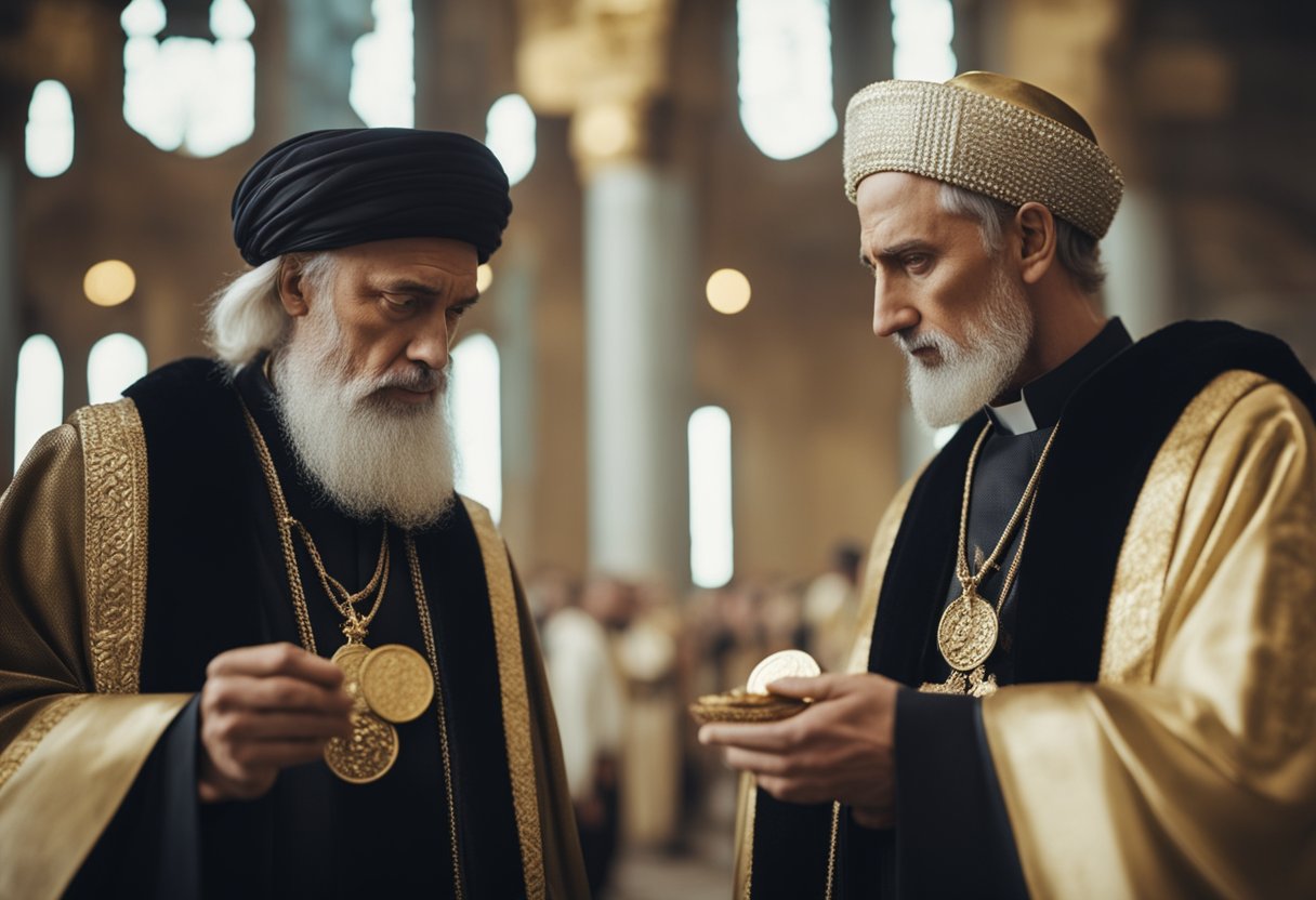 High priests give Judas 30 coins, then refuse