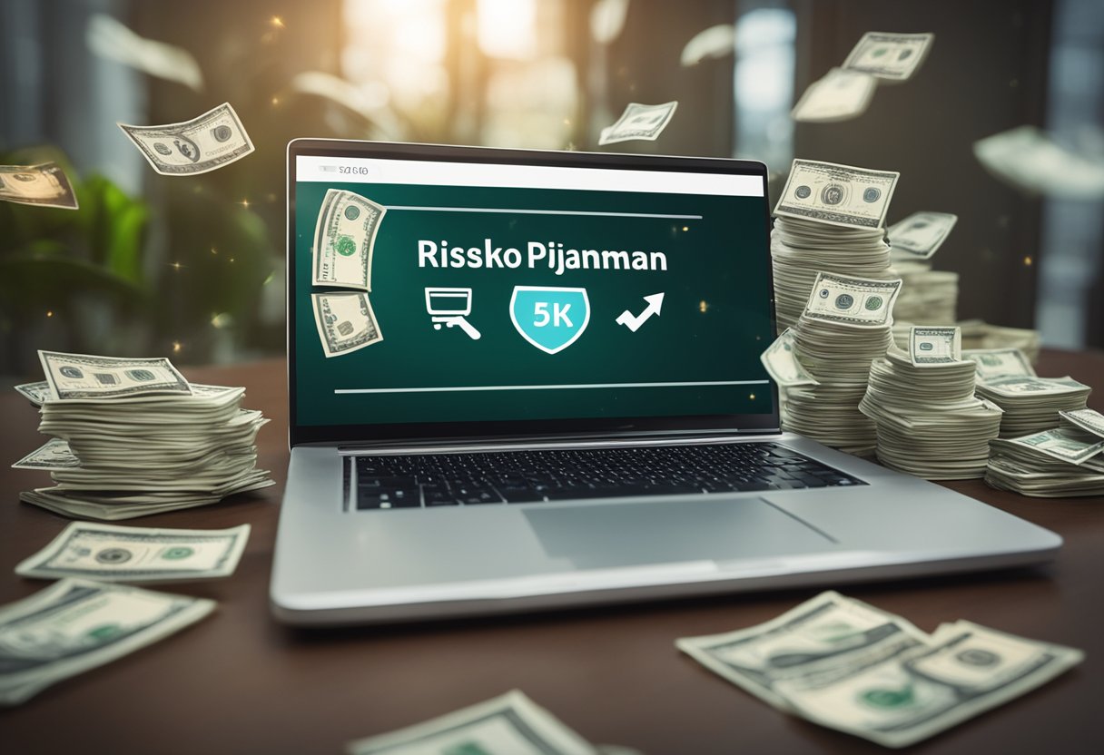 A laptop displaying "Risiko Pinjaman Online" with a checkmark and a thumbs-up icon, surrounded by money and a shield