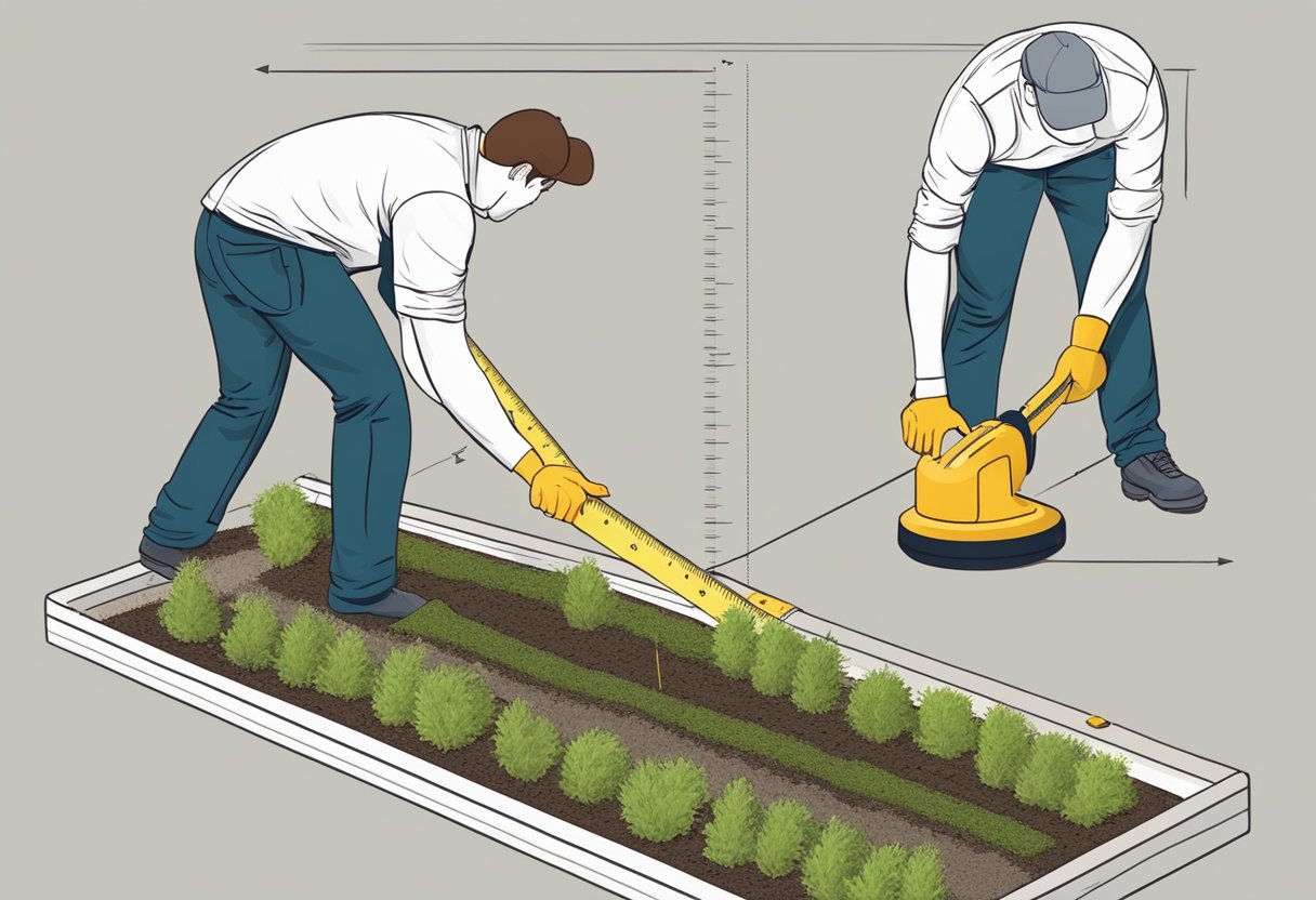 A person measuring the length and width of a garden bed, then using a tape measure to calculate the area and depth for mulch coverage