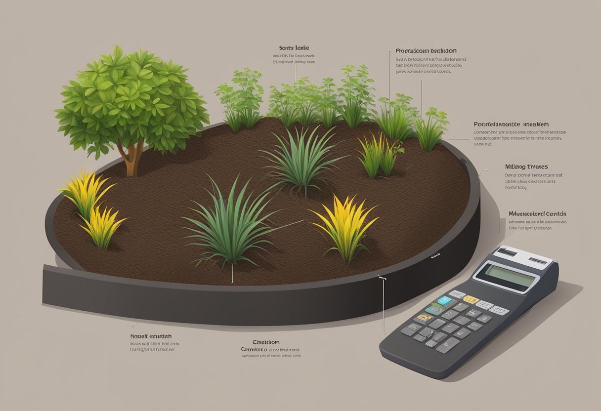 A garden bed with measured dimensions, a pile of mulch, and a calculator