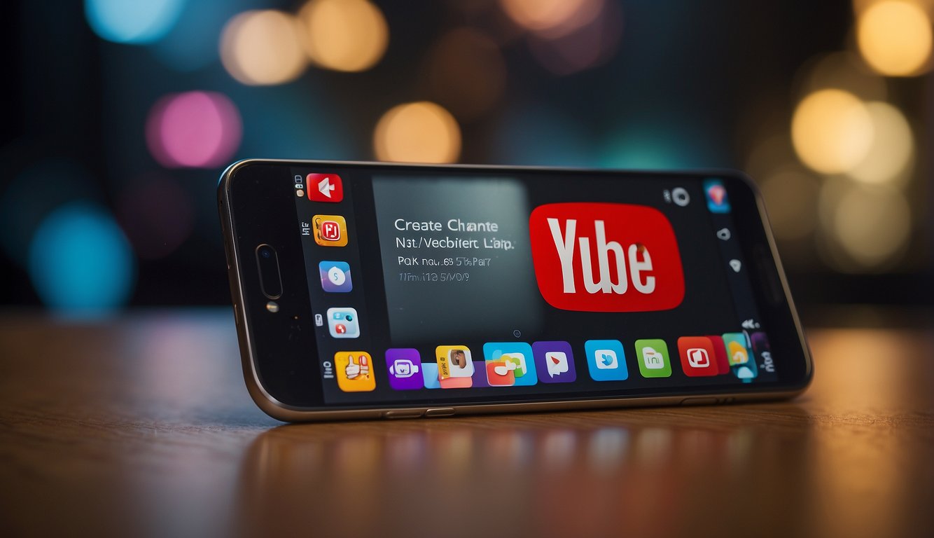A smartphone displaying the YouTube app with a "Create Channel" button highlighted. A dollar sign and a progress bar symbolize earning money