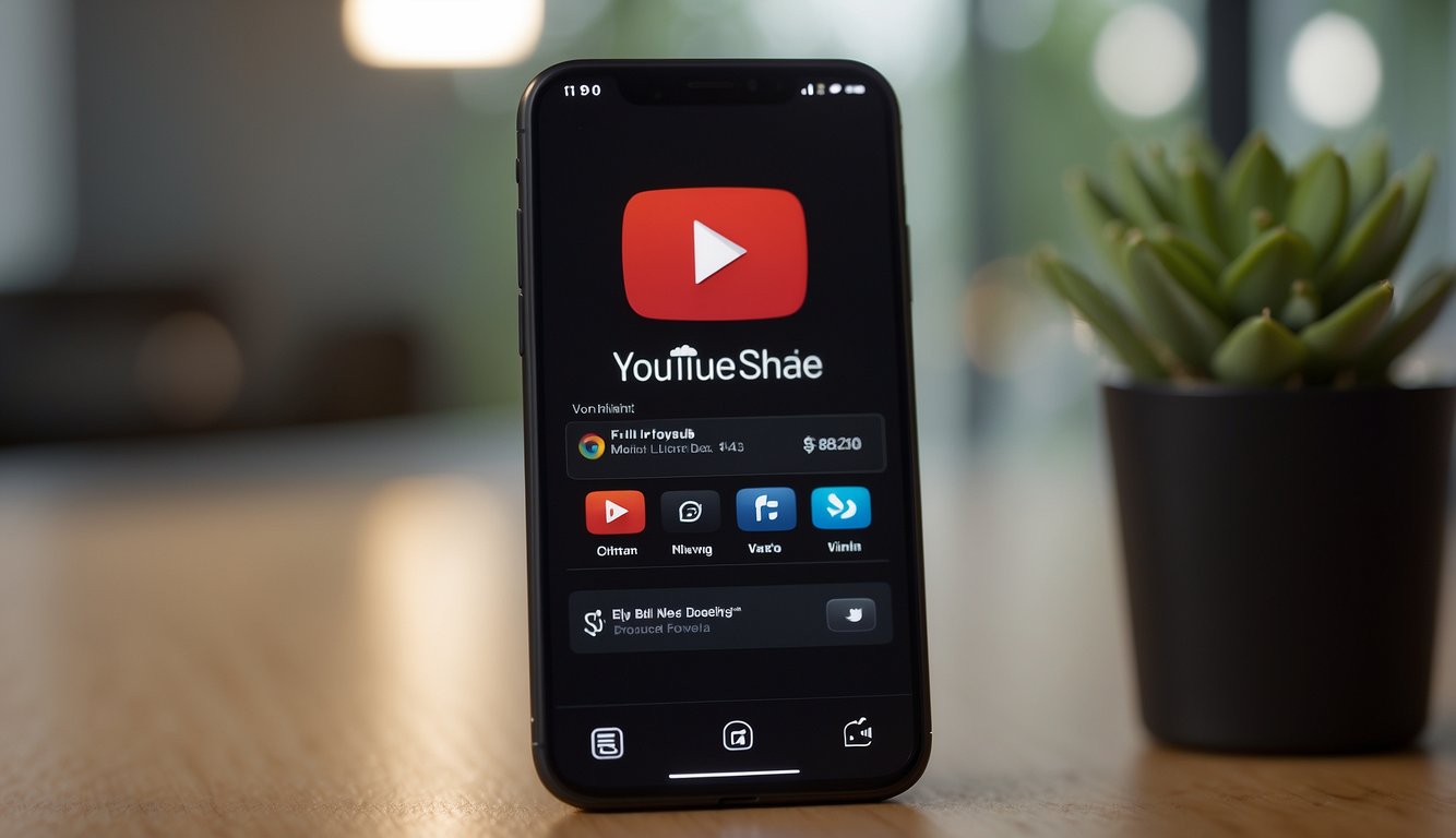 A mobile phone with a YouTube app open, displaying the channel creation process. A dollar sign symbolizes earning money