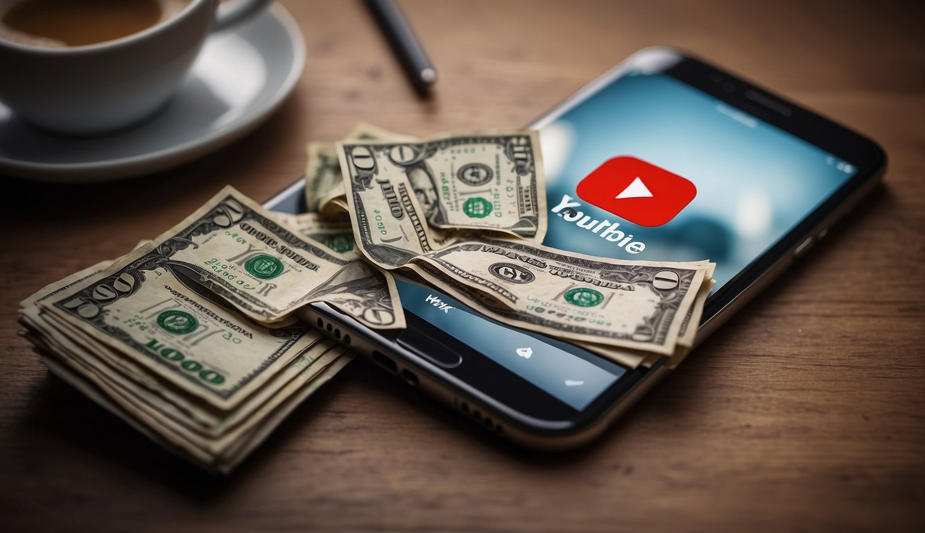 A smartphone with a YouTube app open, a pencil sketching a channel logo, and a stack of money beside it