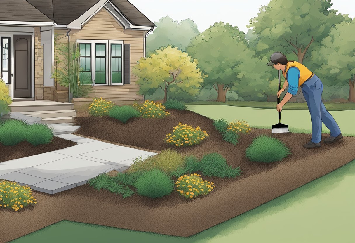 A person measures the length and width of the area, then calculates the square footage. They then determine the depth of mulch needed and calculate the total amount required