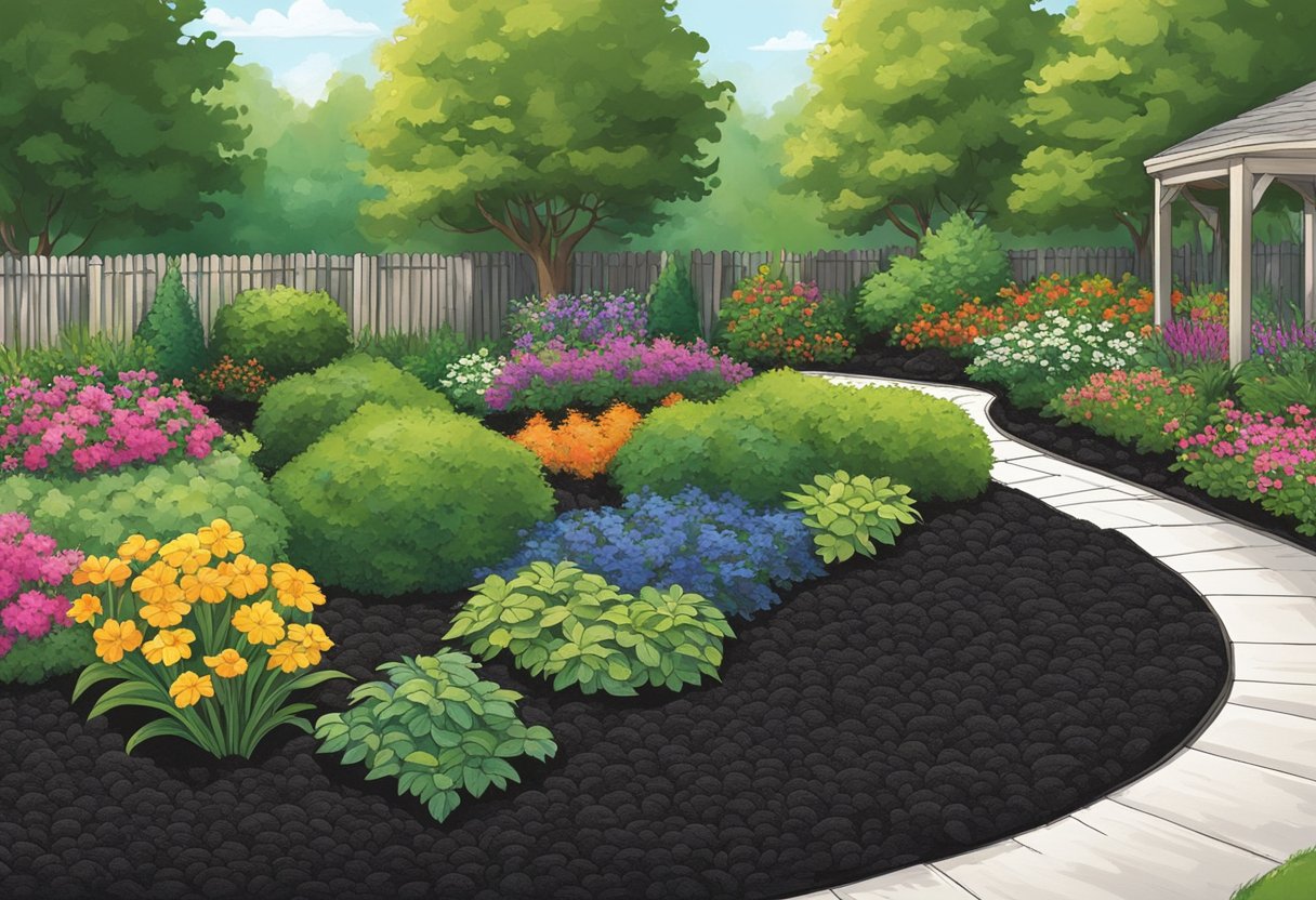 A garden bed with fresh black mulch spread evenly, surrounded by vibrant green plants and flowers. A bag of Walmart black mulch sits nearby with a satisfied customer review displayed prominently