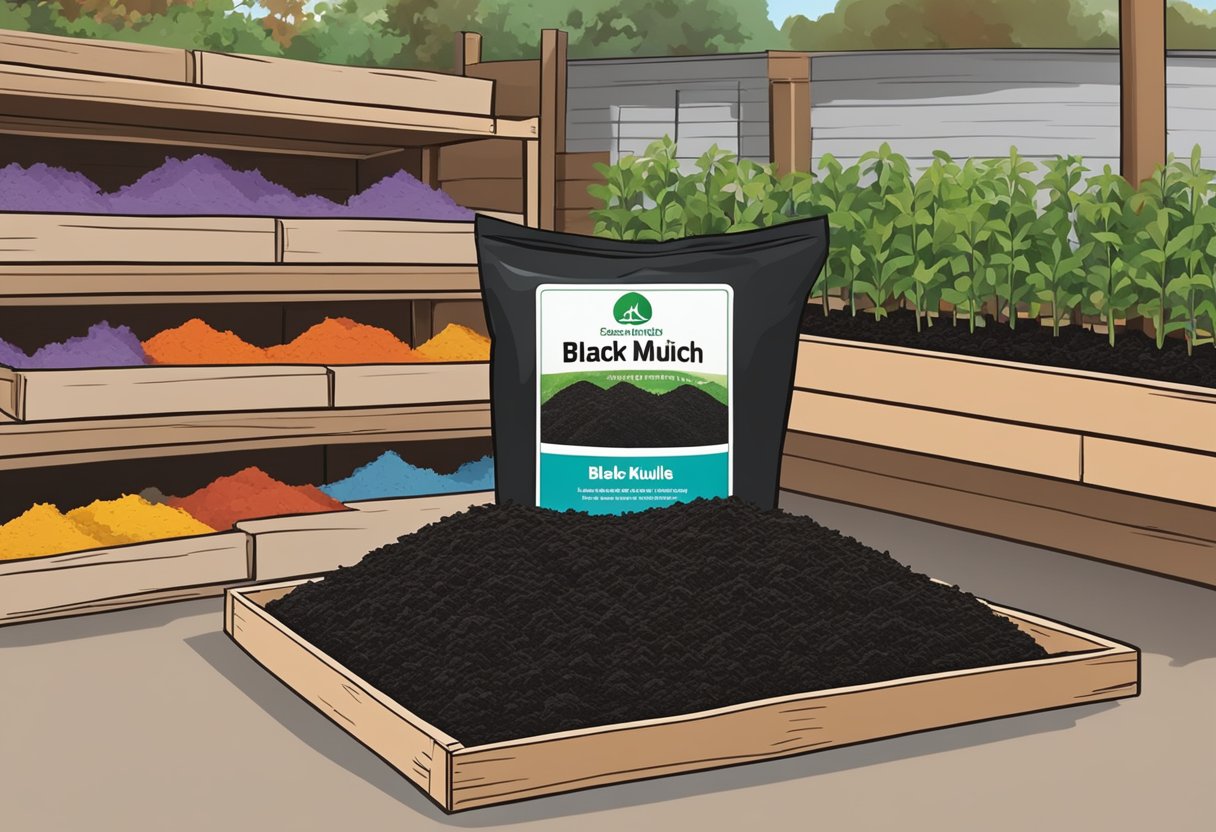 A bag of black mulch sits next to a garden bed. Various types of mulch are displayed on shelves in the background. The composition is neat and organized, with clear labeling