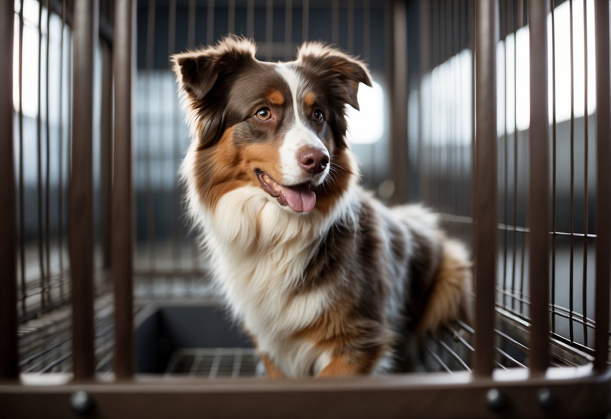 An Australian shepherd standing in a spacious cage, with enough room to move around comfortably and stretch out