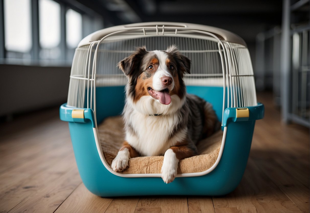 A medium-sized cage with ample space for an Australian shepherd, equipped with a comfortable bed and water bowl