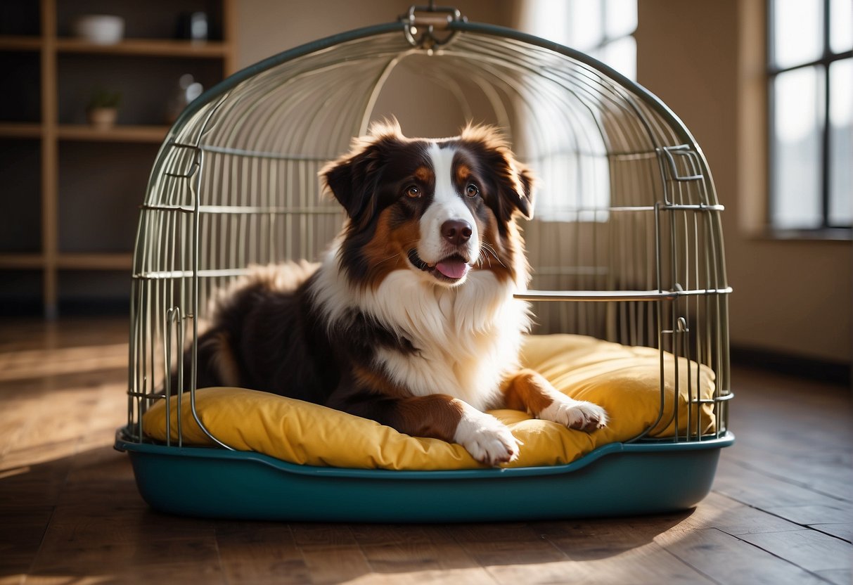 A spacious cage with a comfortable bed, food and water bowls, and plenty of room for a Australian Shepherd to move around and play