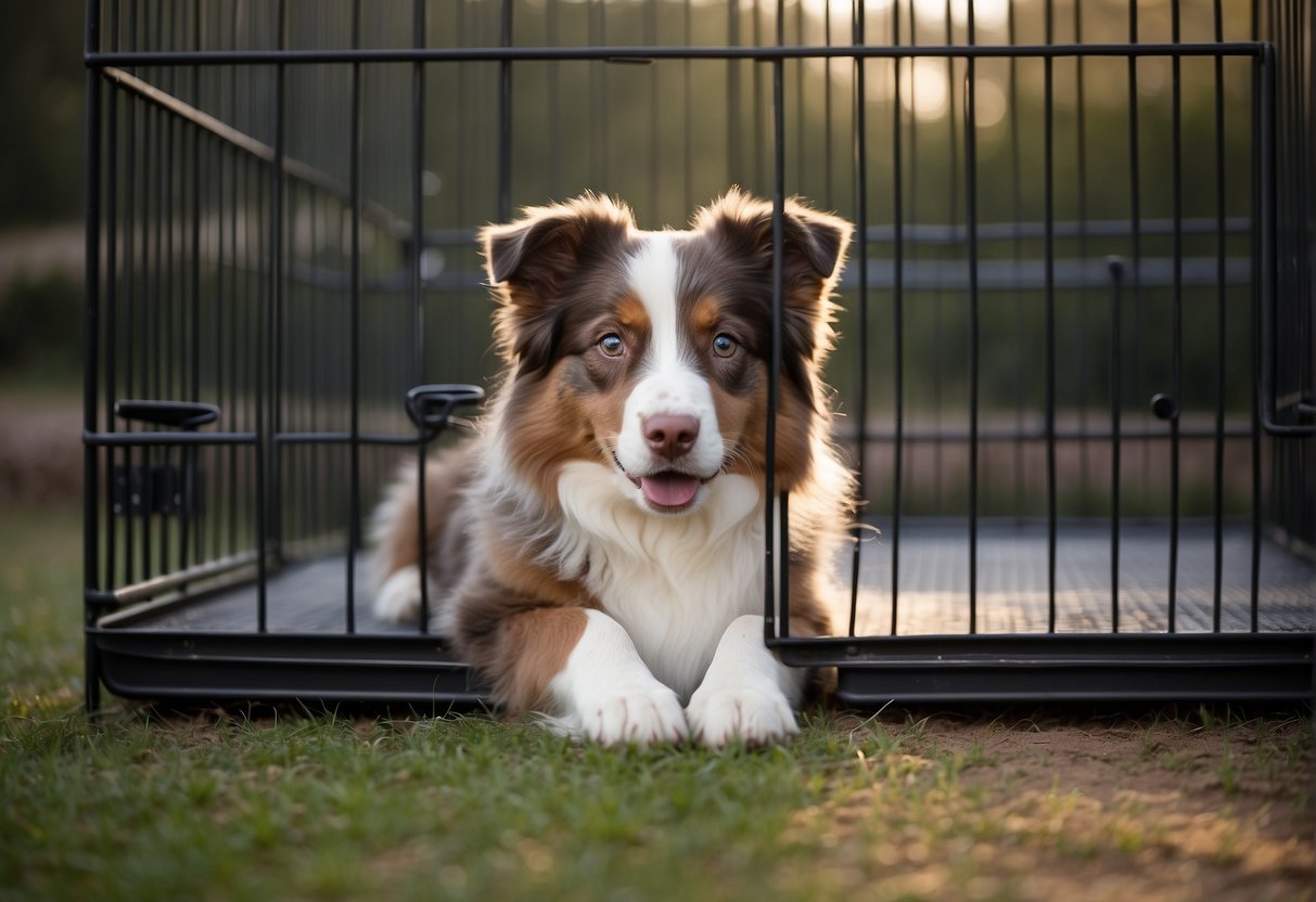 A spacious cage with enough room for a lively Australian Shepherd to move comfortably, with high enough walls to prevent escape