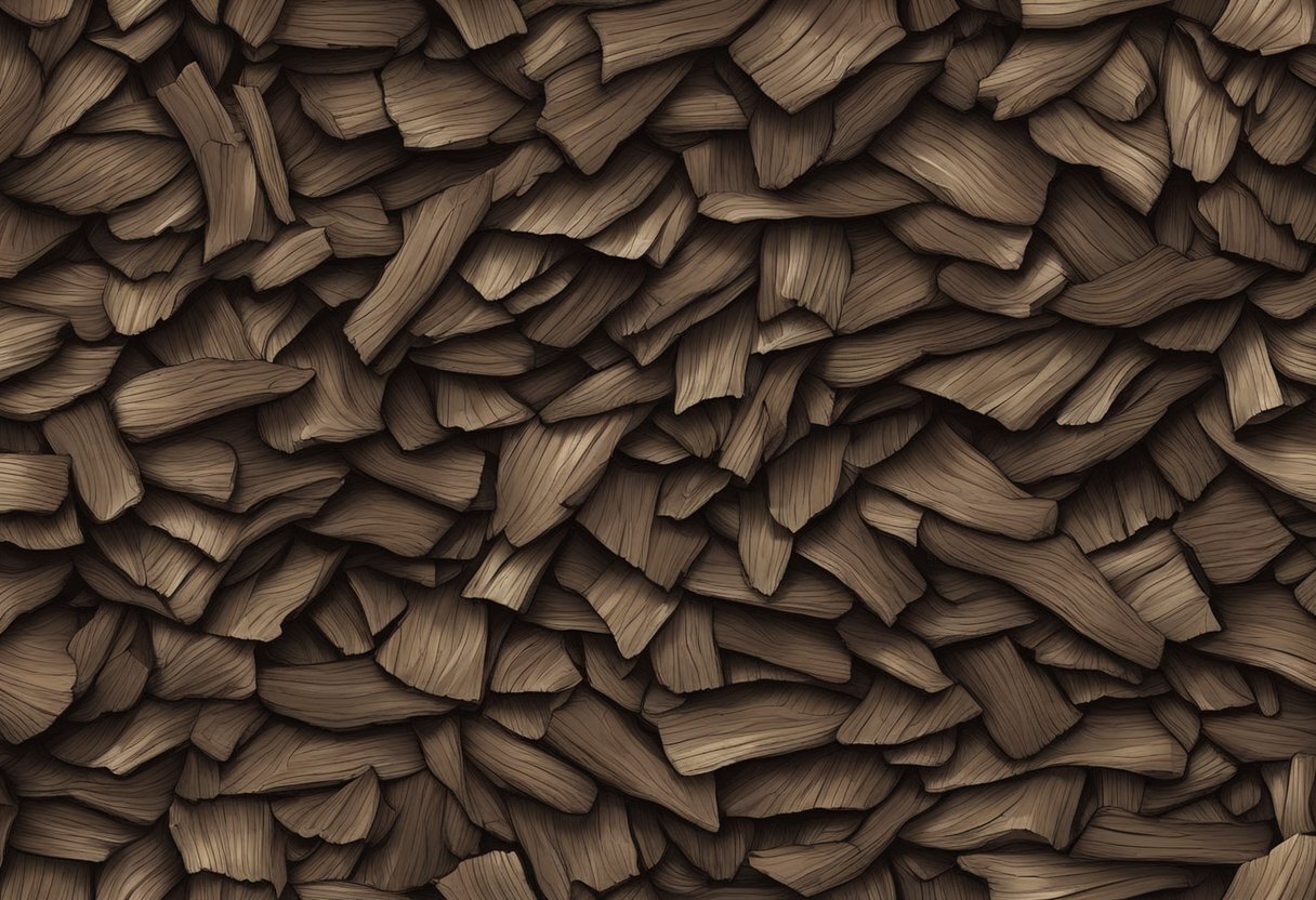 The bark mulch is a dark brown color with a rough, textured surface. It is spread out in a thick layer, covering the ground with small, irregular pieces