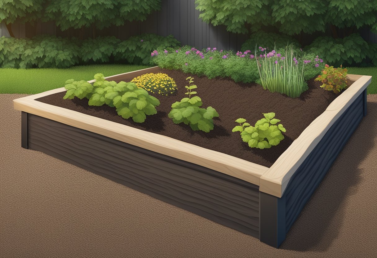 A garden bed with bark mulch covering the soil, showing its ability to retain moisture and suppress weeds