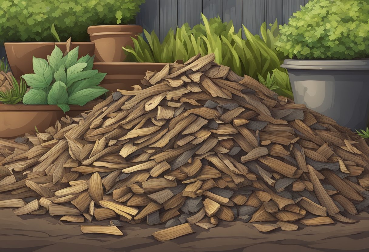 A pile of bark mulch sits in a garden, with varying textures and colors. Considerations for moisture retention and weed prevention are evident