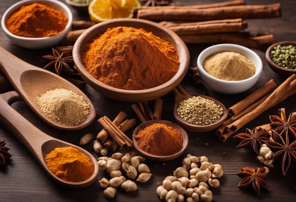 A variety of appetite suppressant spices arranged on a rustic wooden cutting board. Cinnamon sticks, cayenne pepper, and ginger root are prominently displayed