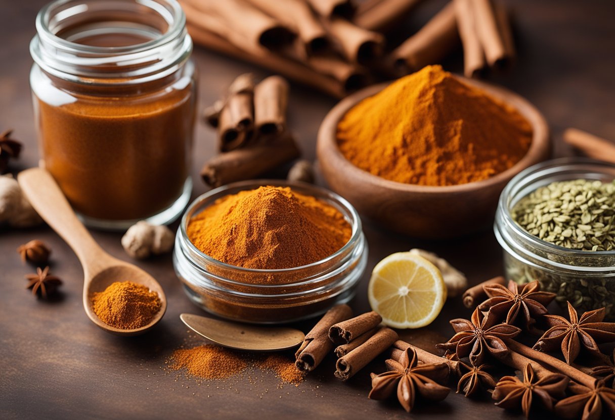 A variety of aromatic spices like cinnamon, cayenne pepper, and ginger are arranged on a kitchen counter, with a measuring spoon and a jar of appetite suppressant spices in the background