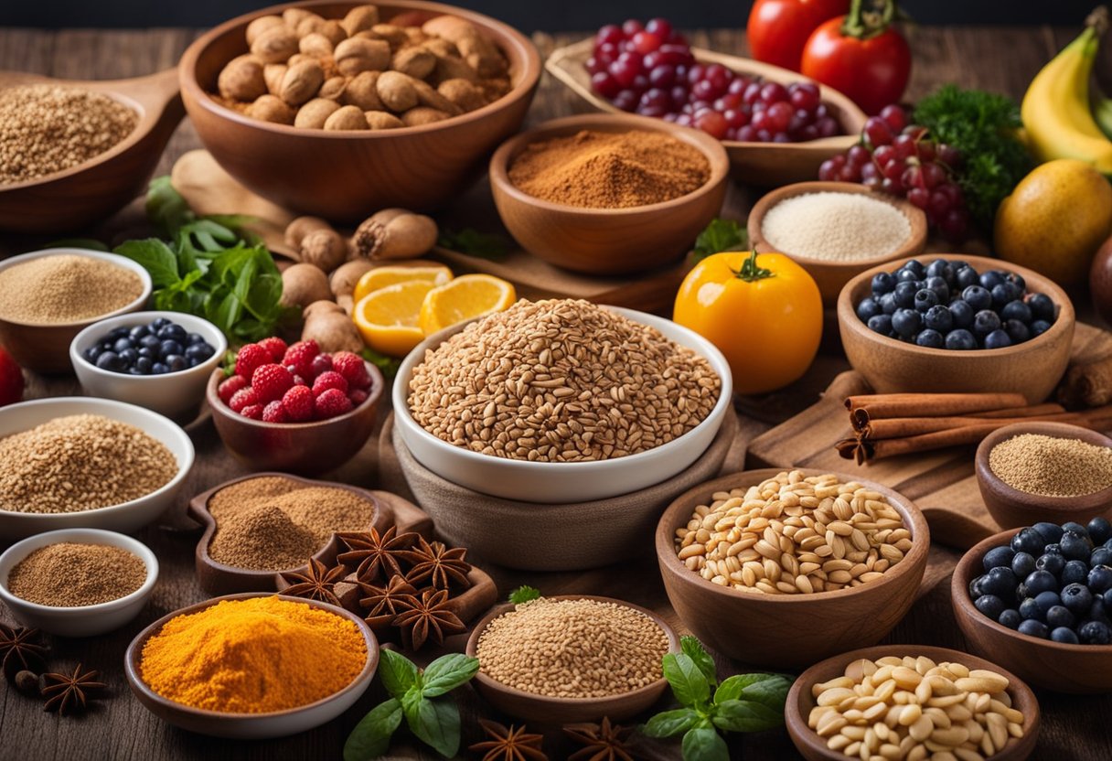 A table set with colorful, nutrient-dense foods like whole grains, lean proteins, and fresh fruits and vegetables. A variety of appetite suppressant spices, such as cinnamon and ginger, are also displayed