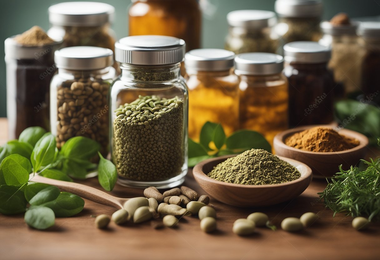 A variety of supplements and herbs are arranged on a table, including appetite suppressant spices like cayenne pepper and green tea extract