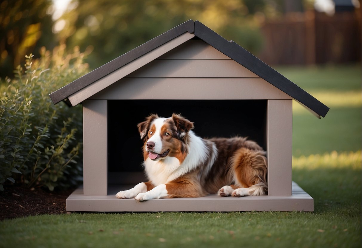 A spacious doghouse for an Australian shepherd, with a raised platform and a cozy bed inside