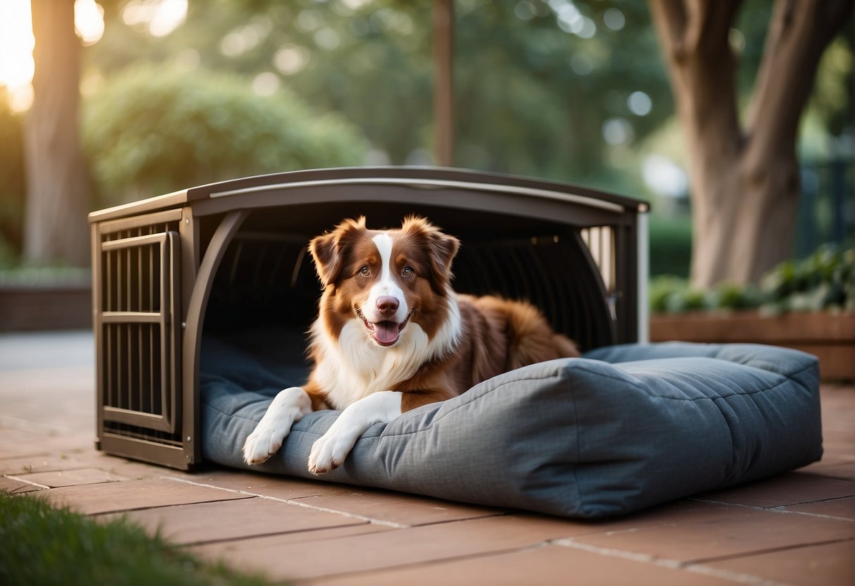 A spacious dog crate with a cozy bed inside, large enough for an Australian Shepherd to comfortably stand, turn around, and lay down