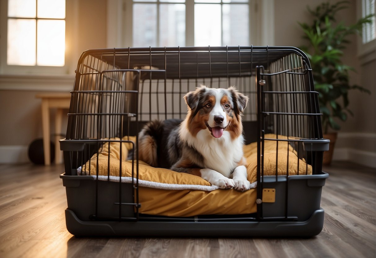 A spacious dog crate with a comfortable bed, toys, and room for the Australian Shepherd to stand, turn around, and lay down comfortably