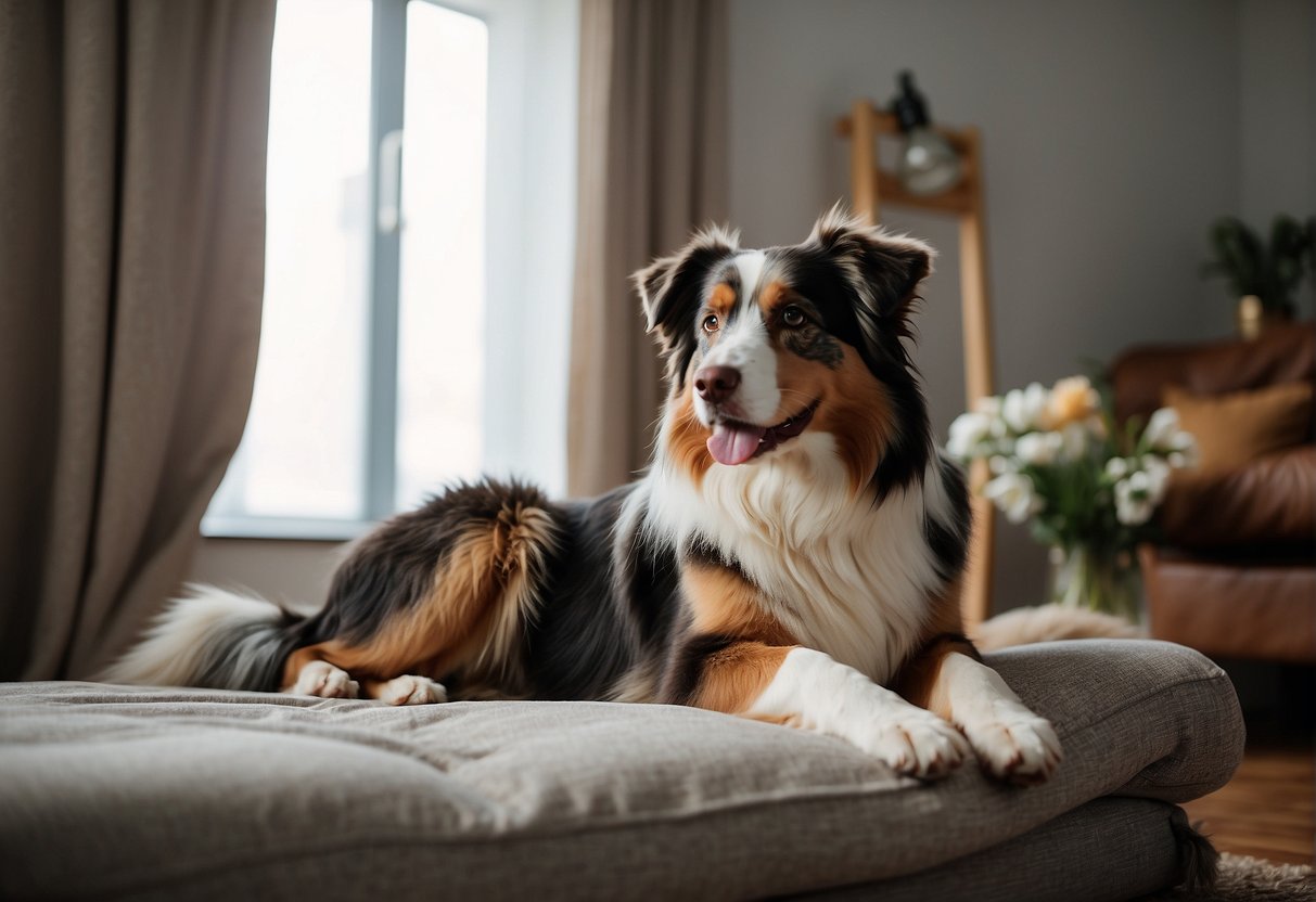 A spacious niche with a comfortable bed and enough room for a playful Australian Shepherd to move around freely