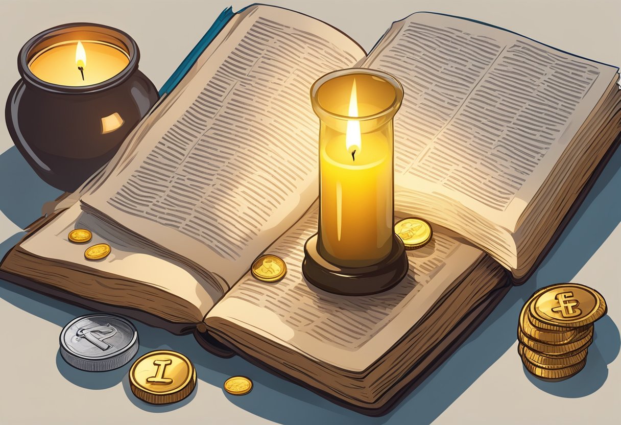 A table with a lit candle, open Bible, and a jar of coins. A beam of light shines on the scene