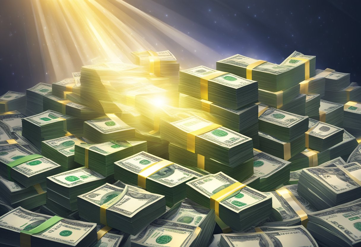 A stack of money surrounded by rays of light, symbolizing financial breakthrough and prosperity
