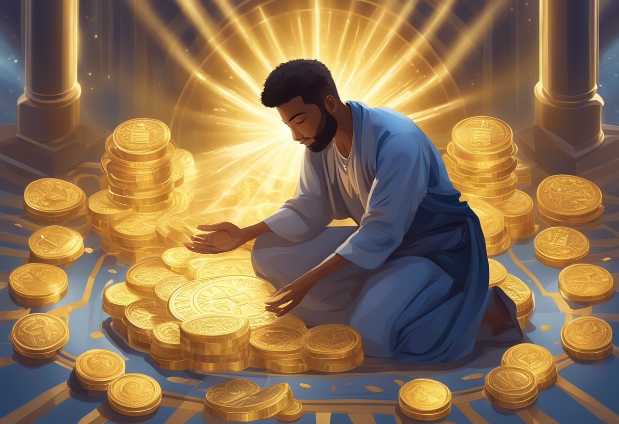 A person kneeling in prayer, surrounded by symbols of wealth and abundance, with rays of light shining down from above