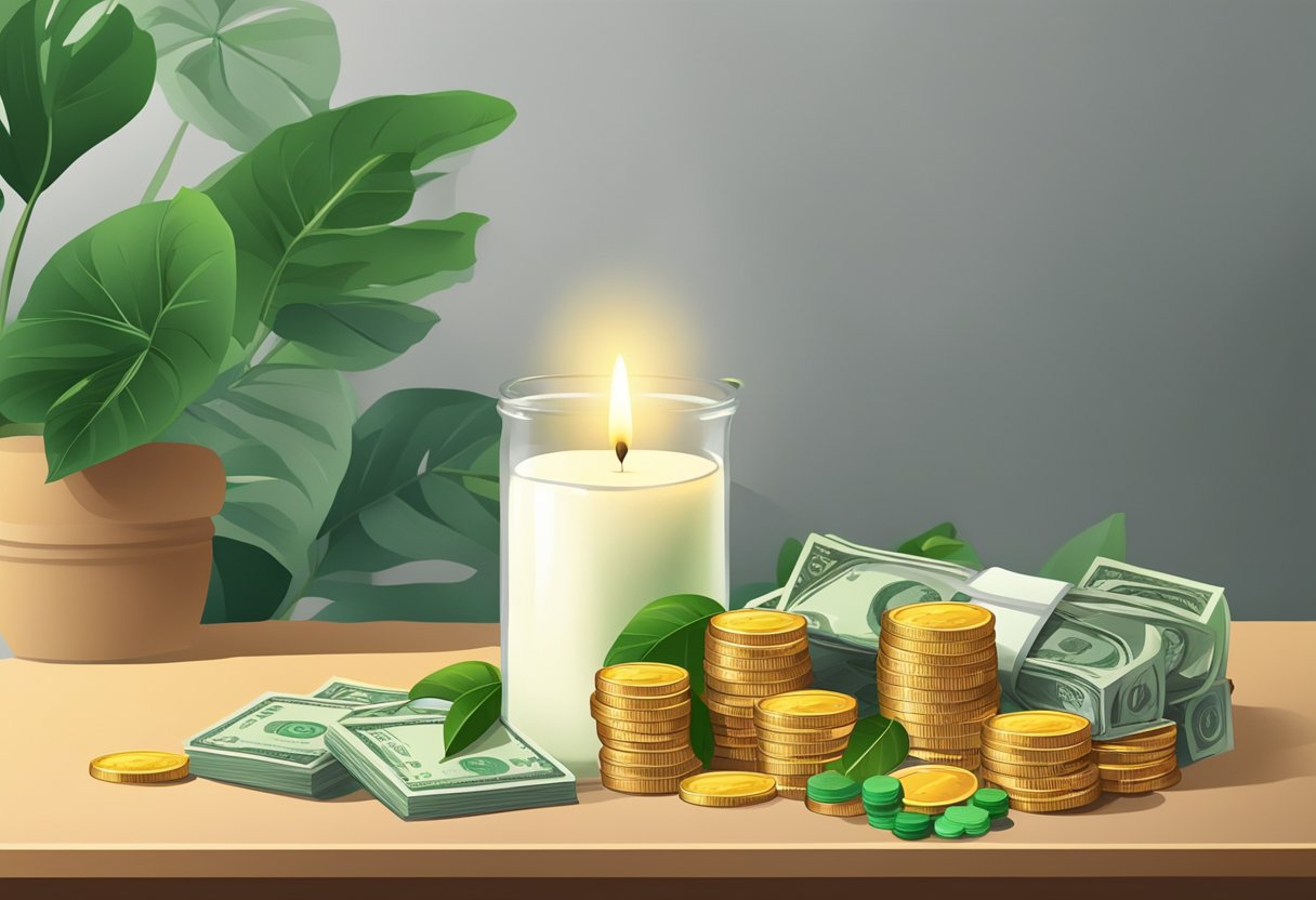 A table with a lit candle, a stack of coins, and a jar of money, surrounded by green plants and a beam of light