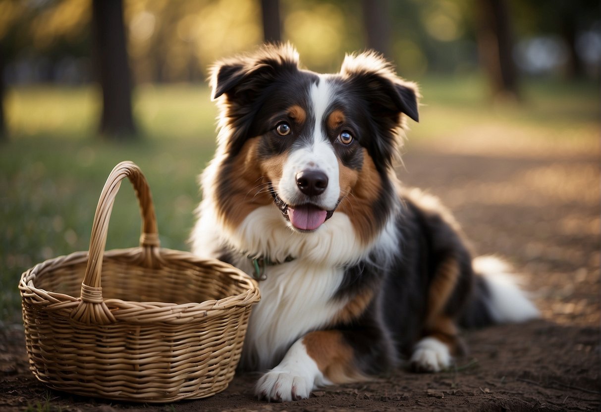 An Australian shepherd stands next to a medium-sized basket, looking at it with curiosity