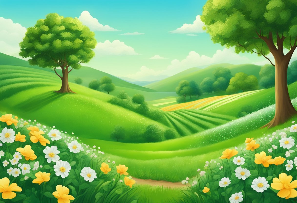 A lush green field with a clear blue sky, surrounded by blooming flowers and trees bearing abundant fruits, symbolizing financial breakthrough and prosperity