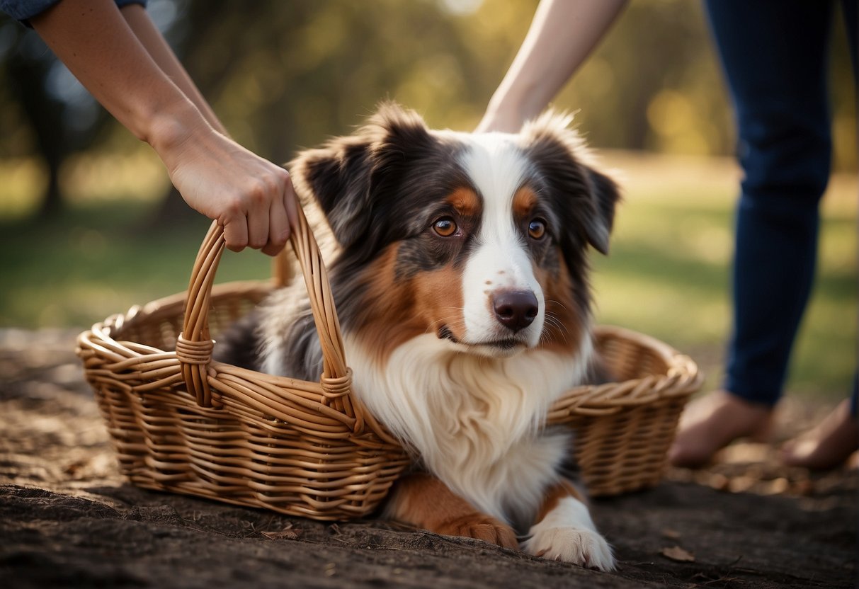 A person selecting the right size basket for an Australian shepherd