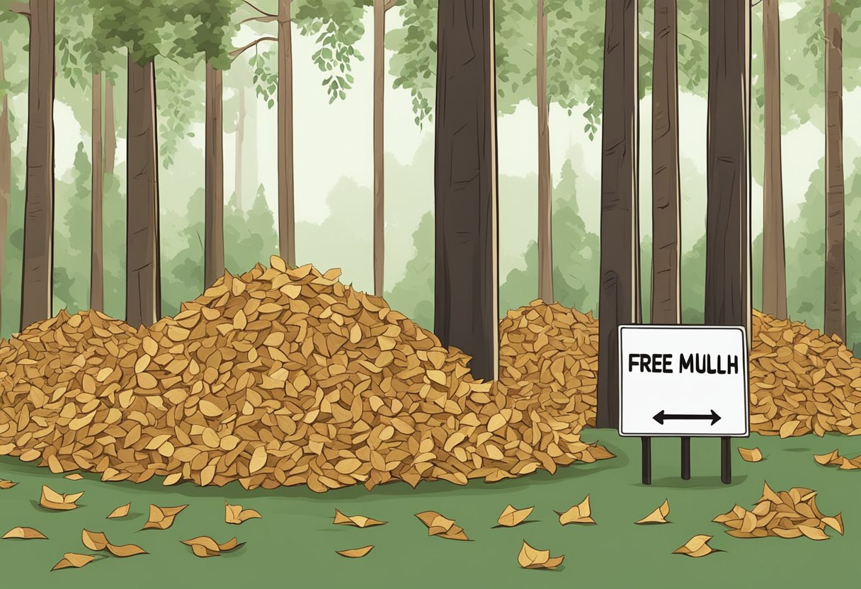 Piles of wood chips and leaves scattered in a forest clearing, with a sign reading "Free Mulch" propped up against a tree