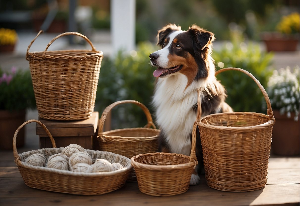 An Australian Shepherd stands next to different sized baskets, evaluating which one is the best fit