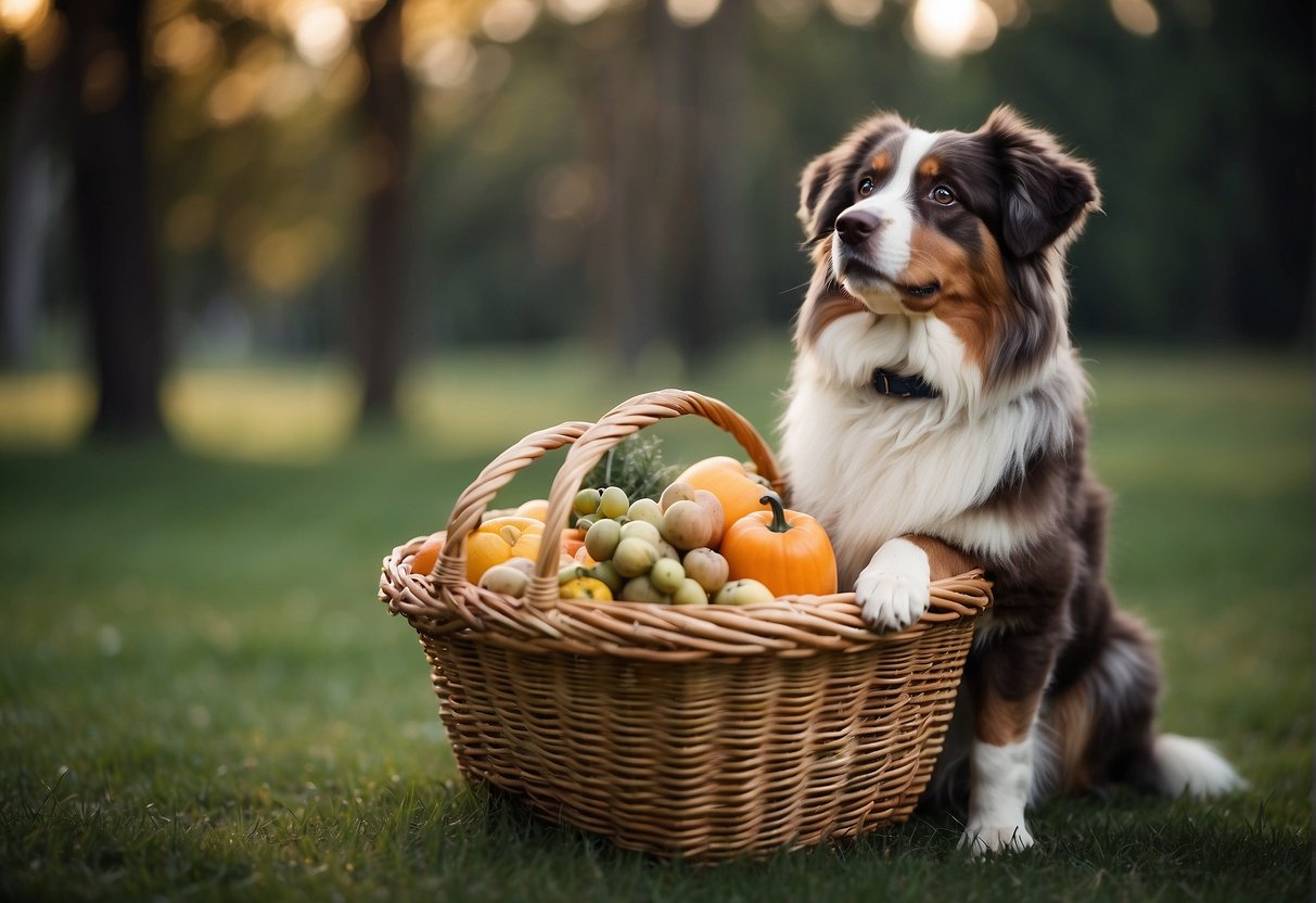 A large Australian shepherd stands next to a basket, looking up with curiosity. The basket is spacious enough to comfortably accommodate the dog