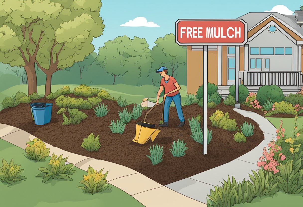 A garden with mulch spread around plants and trees. A sign reads "Free Mulch Available Here." People are using shovels to gather mulch