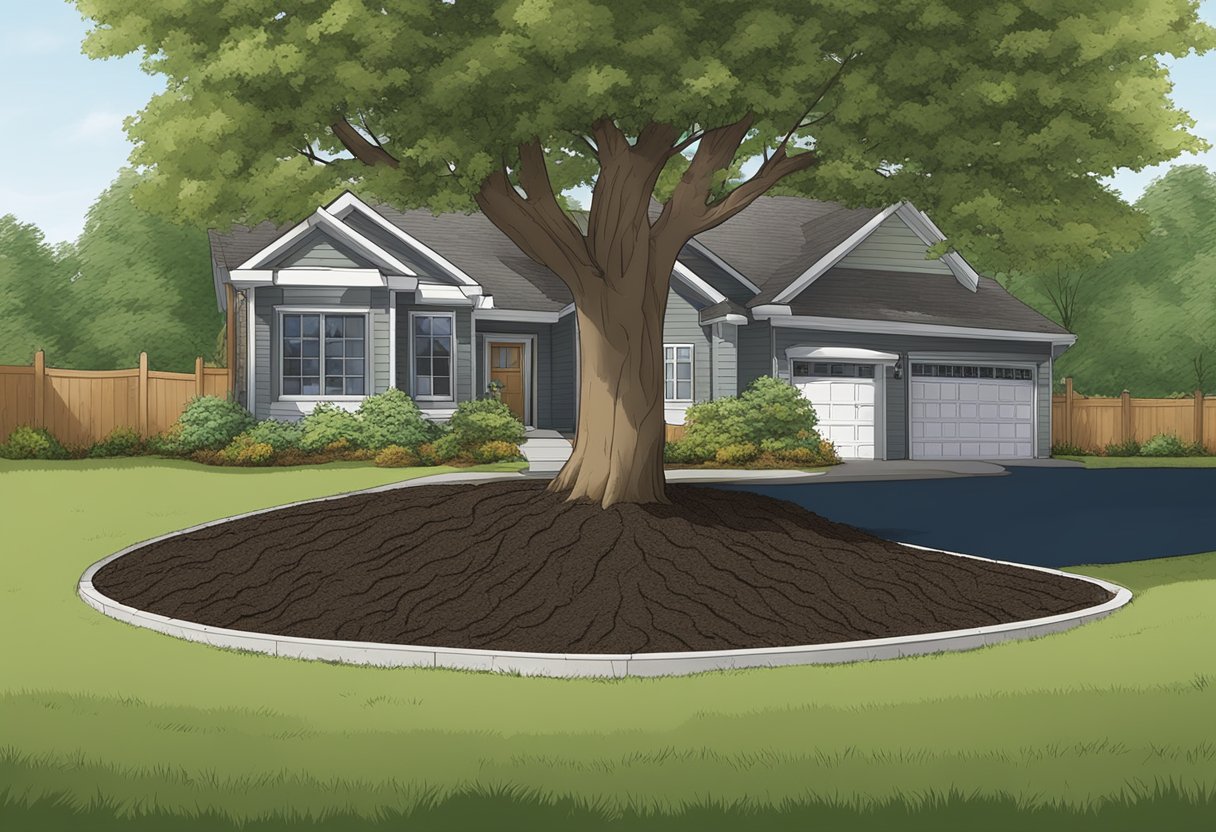 Fresh mulch surrounds the base of a mature tree, providing insulation and moisture retention. Types include organic (wood chips) and inorganic (rubber)
