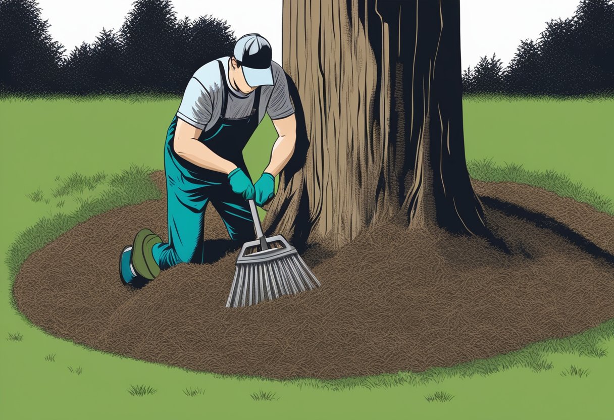A person spreads mulch around the base of a tree, using a rake to create an even layer. The mulch is dark in color and contrasts with the green grass and tree trunk