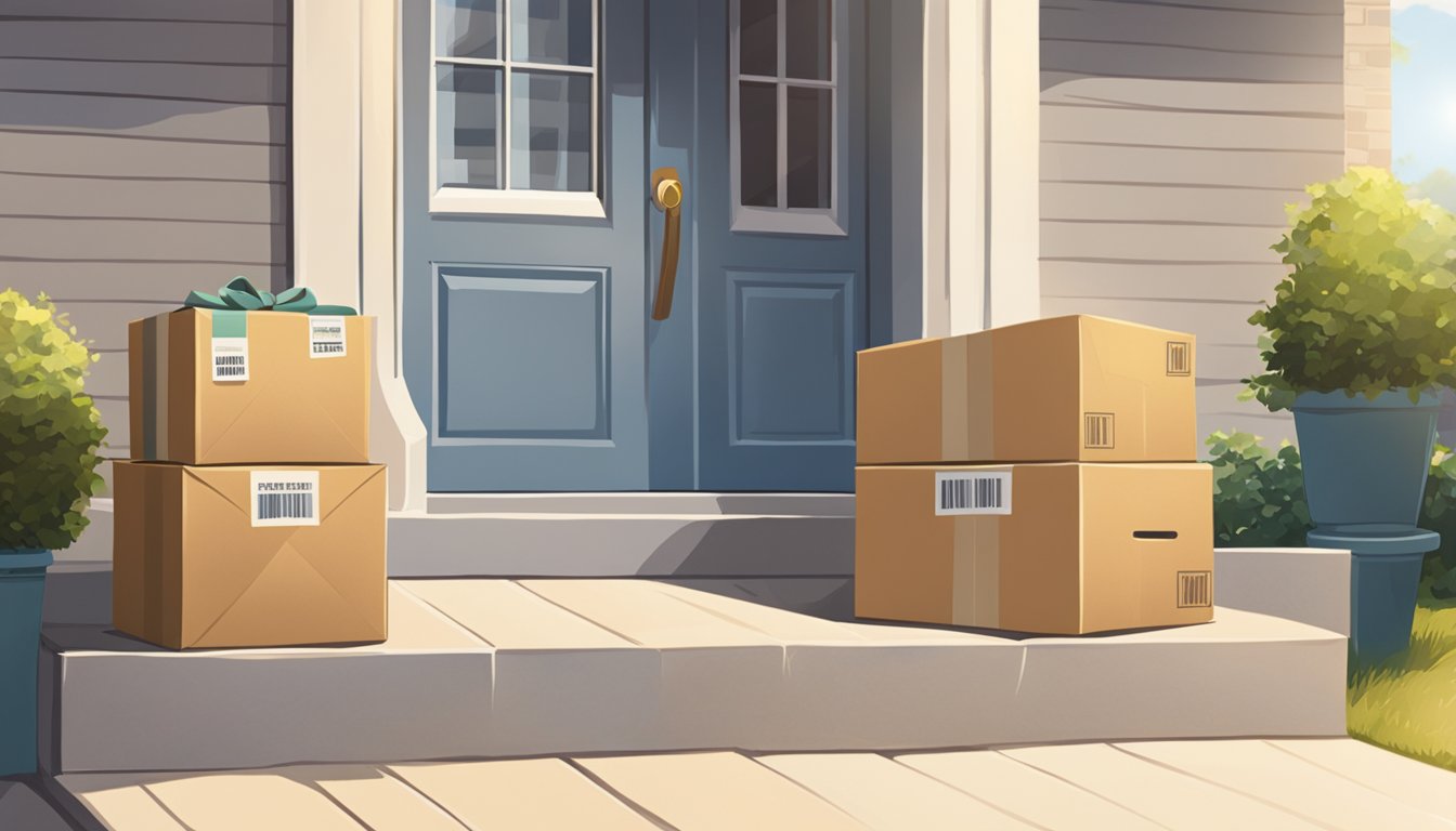A package labeled "Seller Fulfilled Prime" sits on a doorstep, surrounded by a stack of similar packages. The sun is shining, casting a warm glow on the scene